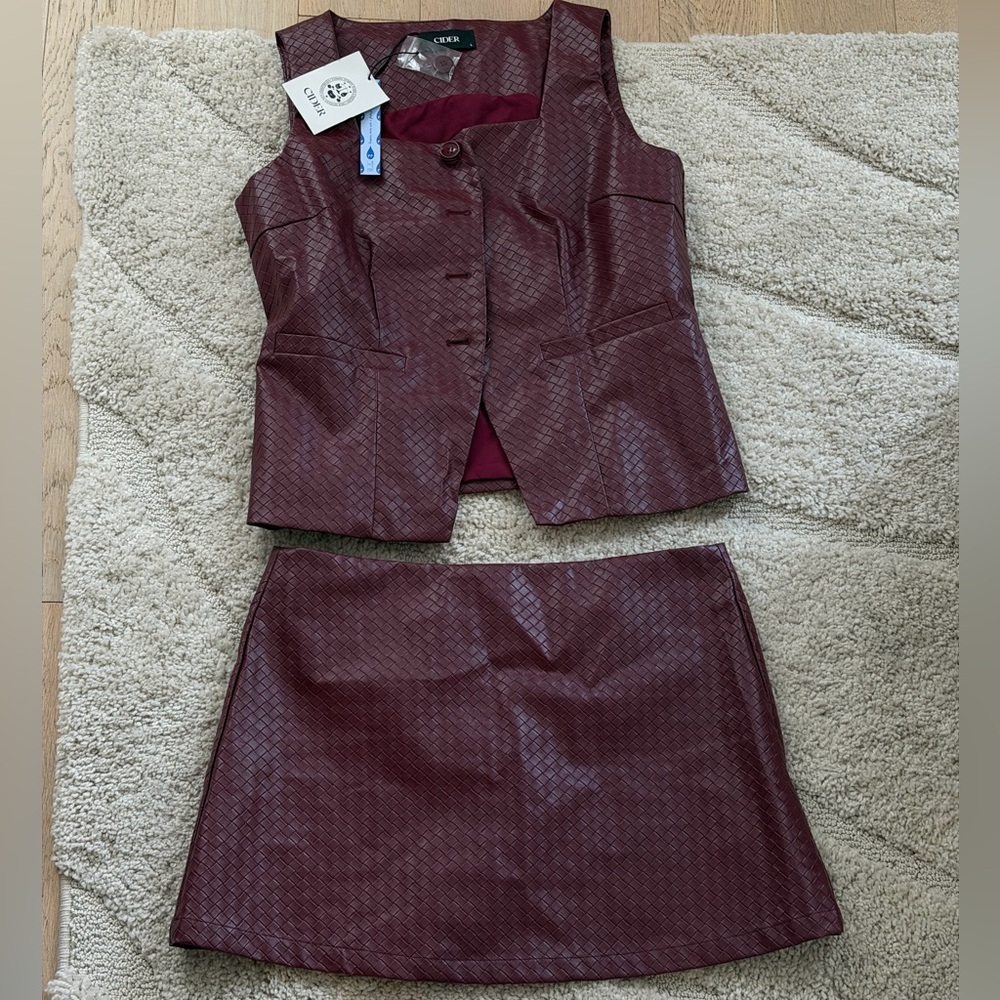 Cider Maroon Textured Vest and Skirt Set